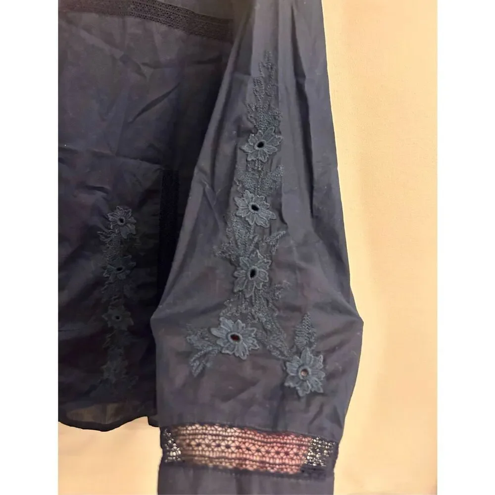 NWT J. Crew Embroidered Blouse Cotton S Navy Peasant Boho Minimalist
